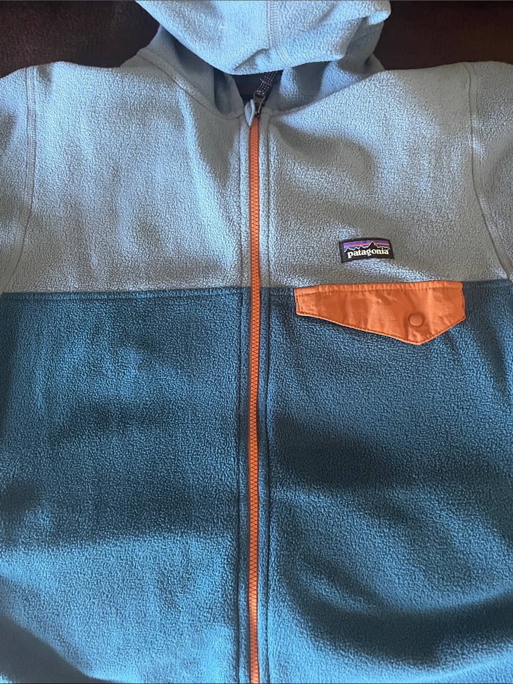 Patagonia Kids Two-Tone Teal & Light Blue Fleece Hoodie with Orange Accent